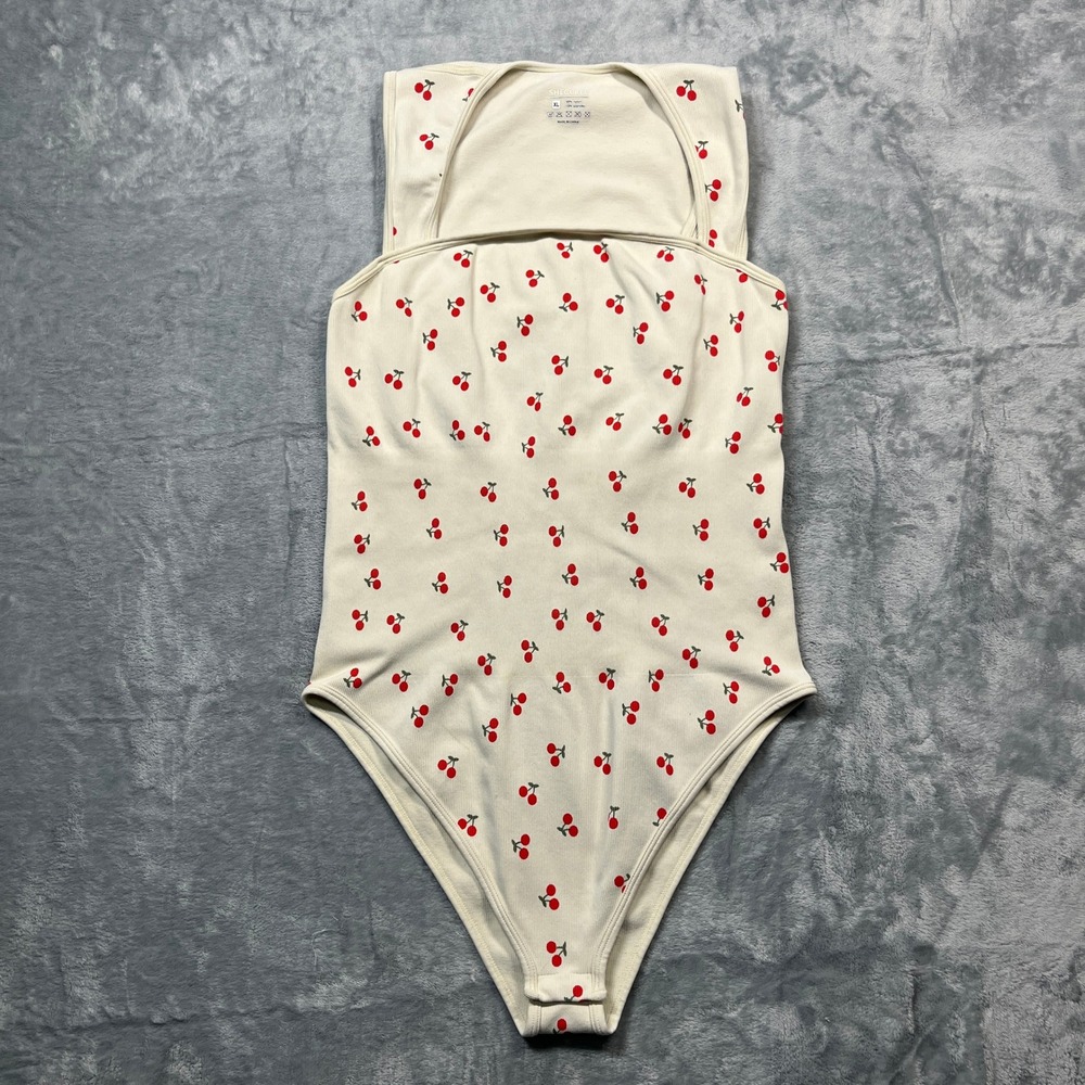 Shecurev Bodysuit Women Cream Red Cherry‎ Print Ribbed Square Neck Sleeveless XL